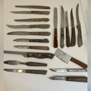 Vintage Assorted Wooden Handle Kitchen Knife Set - Brown & Silver 18 piece